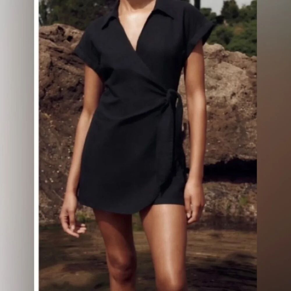 Zara Black Linen Blend Romper Dress Chic Mini Playsuit Jumpsuit Lightweight S